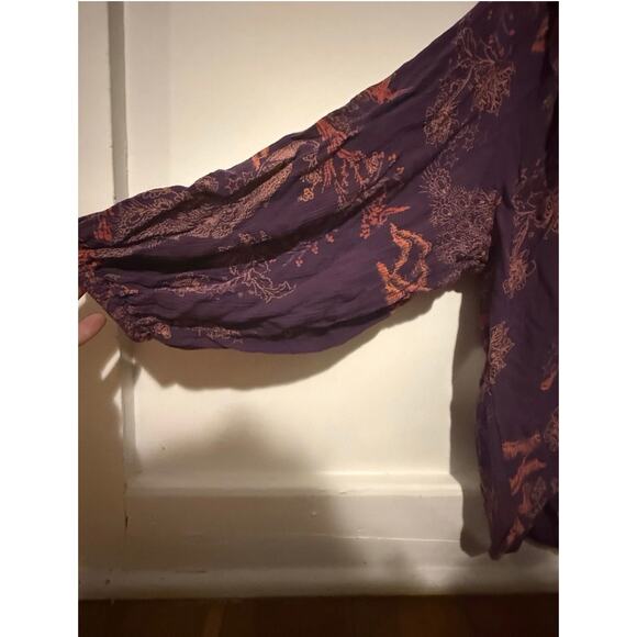 Free People Blouse, Button Down, Oversized, Peacock Print, Purple, Size Small - Picture 4 of 10